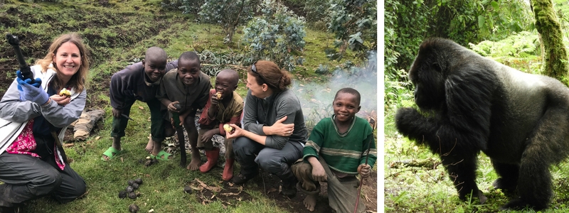 Left: The author, Anita Winsor, (left) and Wild Earth Allies Executive Director Katie Frohardt (second from right) enjoy roasted potatoes with local kids; Right: Mountain gorilla in Volcanoes National Park