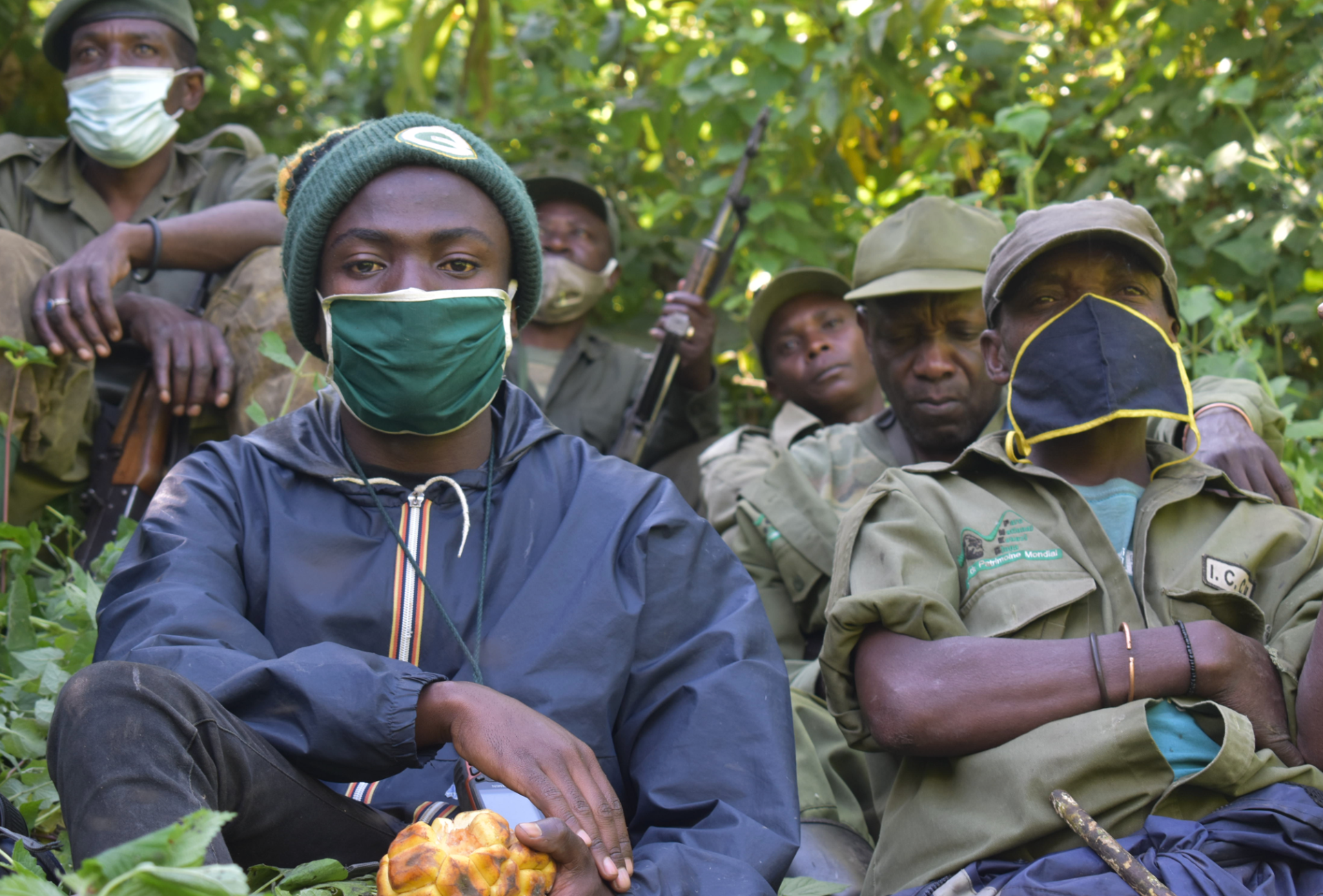 A group of community field guides track pangolins in the forest.