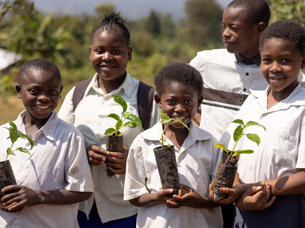 A group of Congolese youth hold fruit tree seedlings. 