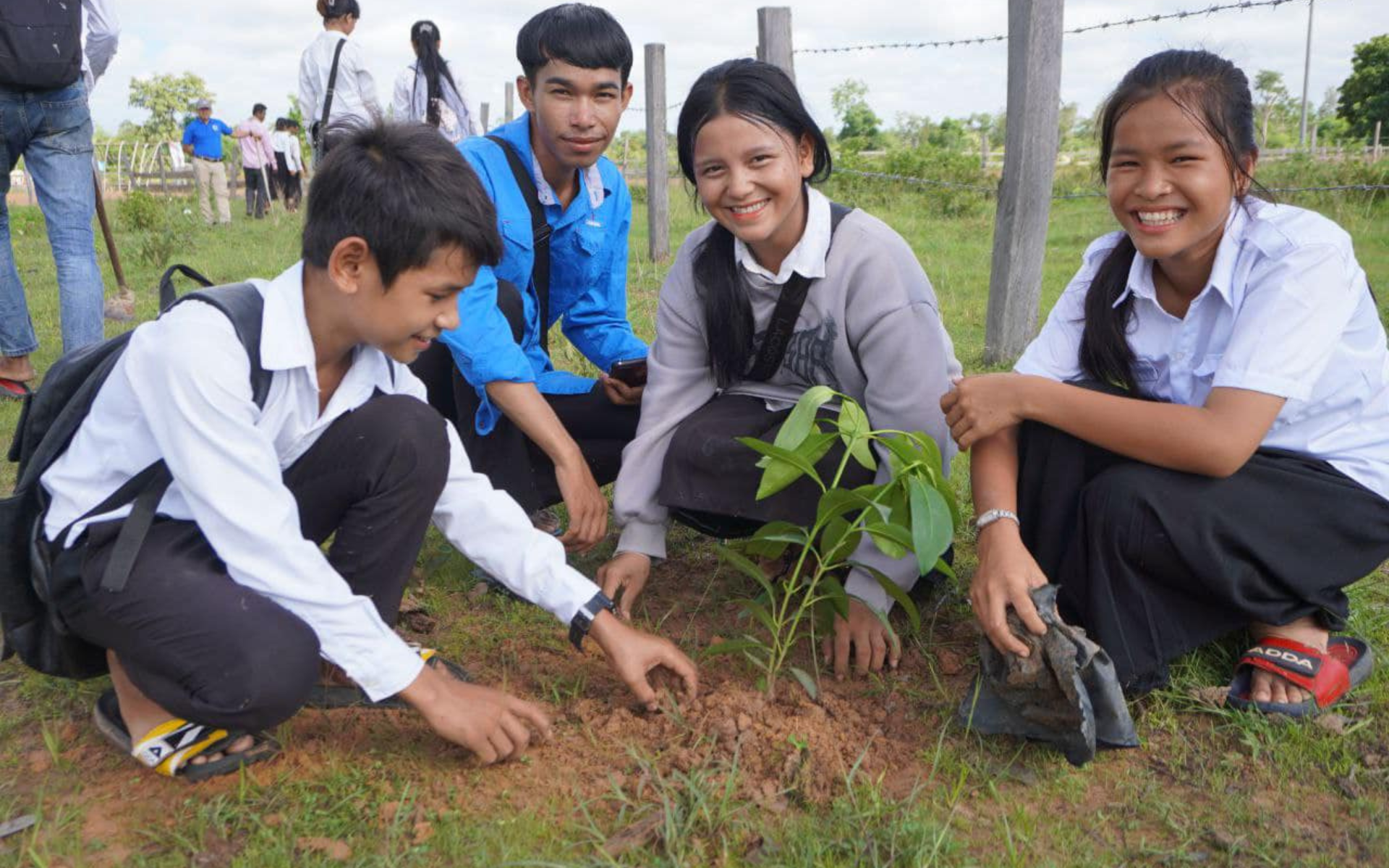 Cambodian youth plant a seedling