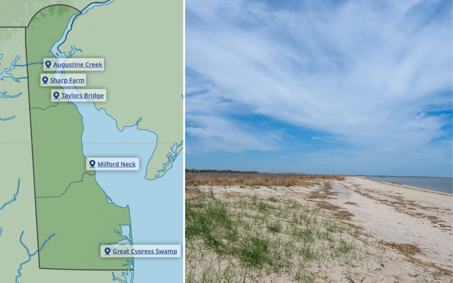 A map of Delaware highlighting Delaware Wild Lands conservation sites including Milford Neck and Great Cypress Swamp, alongside a view of the sandy shoreline and coastal grasses at Milford Neck Preserve.