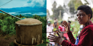 Split image showing a rainwater tank in Rwanda and Athanasie Mukabizimungu speaking with community members.